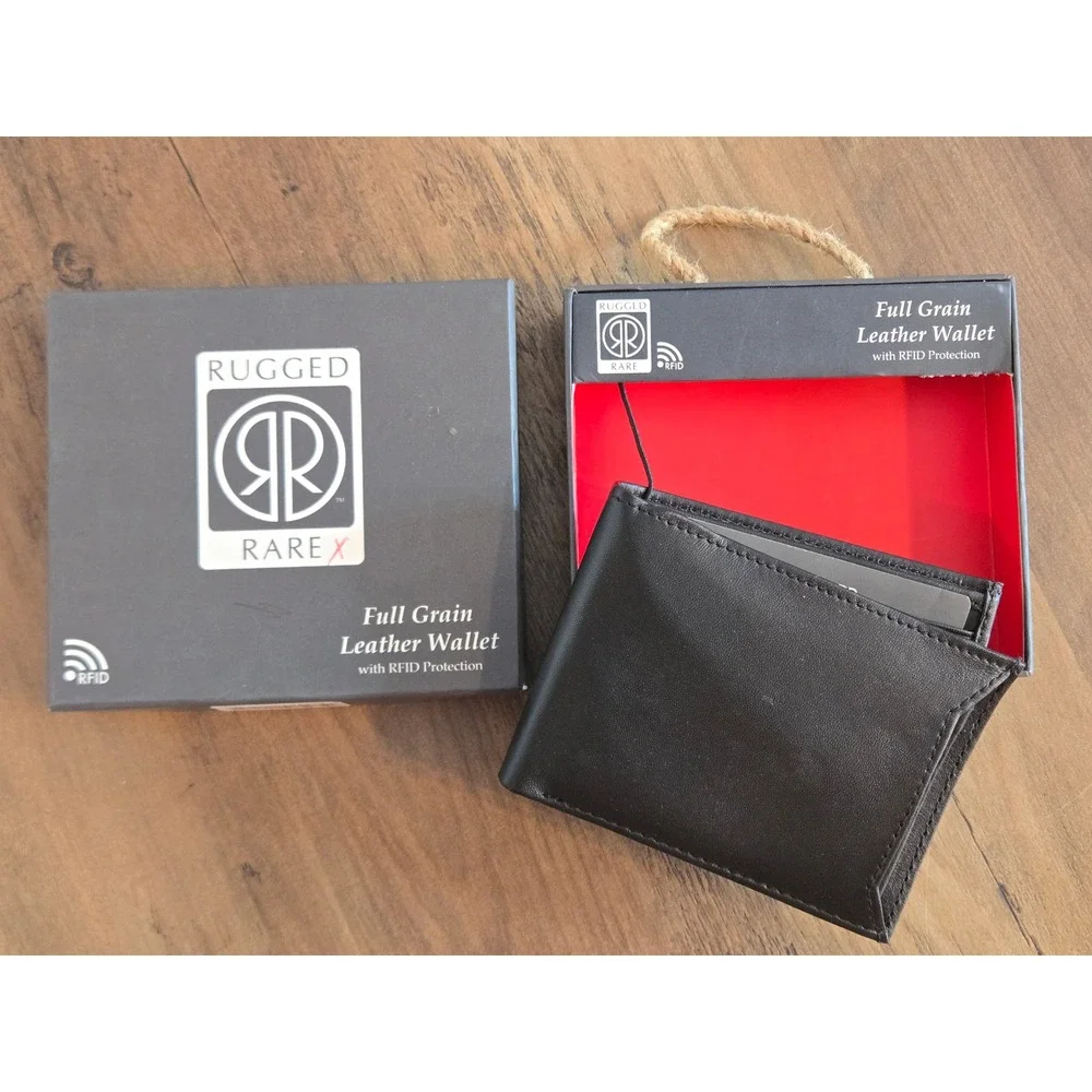 Rugged Rare Mens Black Full Grain Leather Bifold Wallet RFID Protection NEW‎